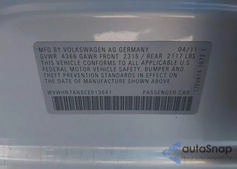 2012 Volkswagen Cc Lux Plus из США, поврежденный, VIN WVWHN7AN6CE513641